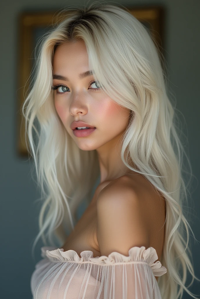 NSFW, naked, nude, open legs pose, naked pussy, sexy brazilian model, beautiful smile, Lipgloss, Dramatic makeup, close to the photo, (big shiny necklace), (big shiny bracelets), scene of the day, big shopping center background, improve, (((platinum blonde, elegant hair))), ((naked)), Sweet and sexy, seductive look