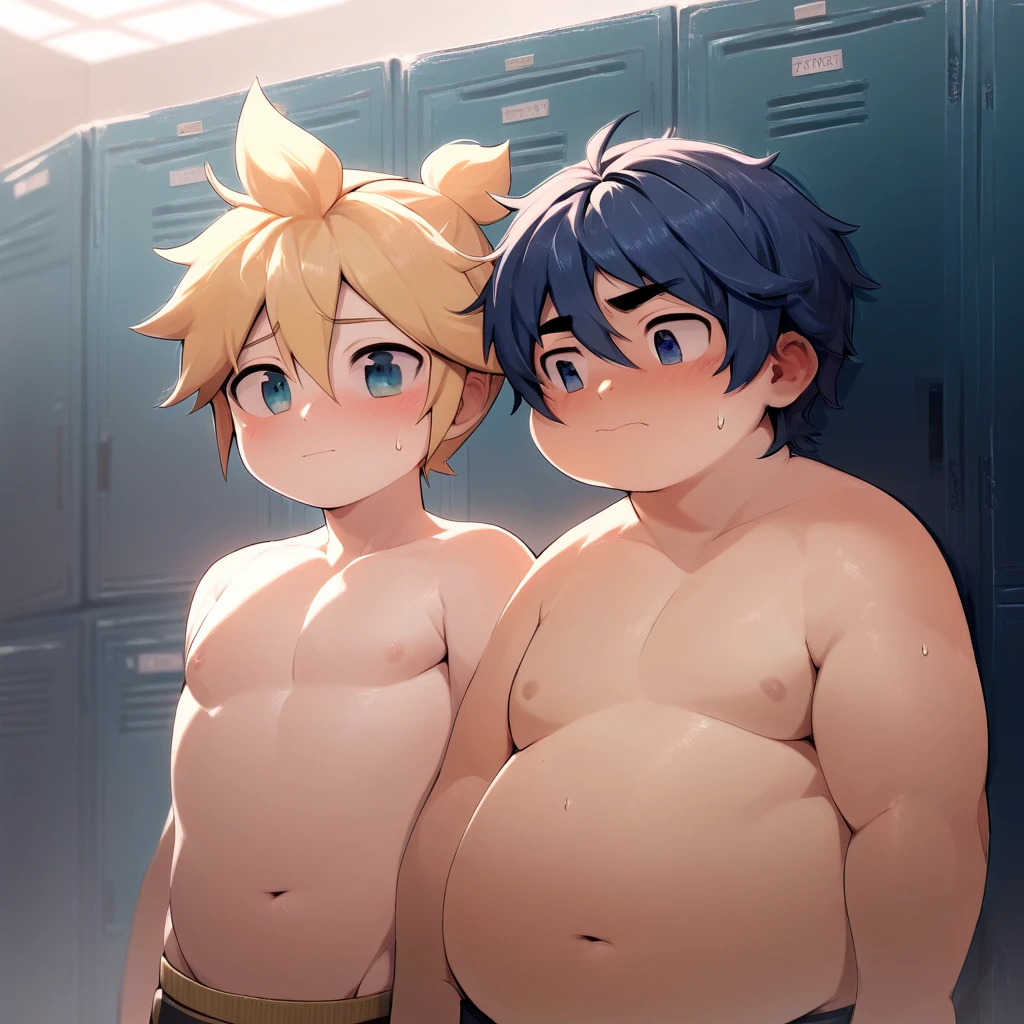  2 boys, (Casal yaoi), (Ren ), (double focus), gordo,  standing in the locker room ,  rubbing each other's bellies,  man facing another , to break, Kagamine Len, obese, , ShirtleSS, fat body,  blushed face,  embarrassed , sweating, to break, blue hair,  school uniform , round cheek,  with an exposed chubby belly 