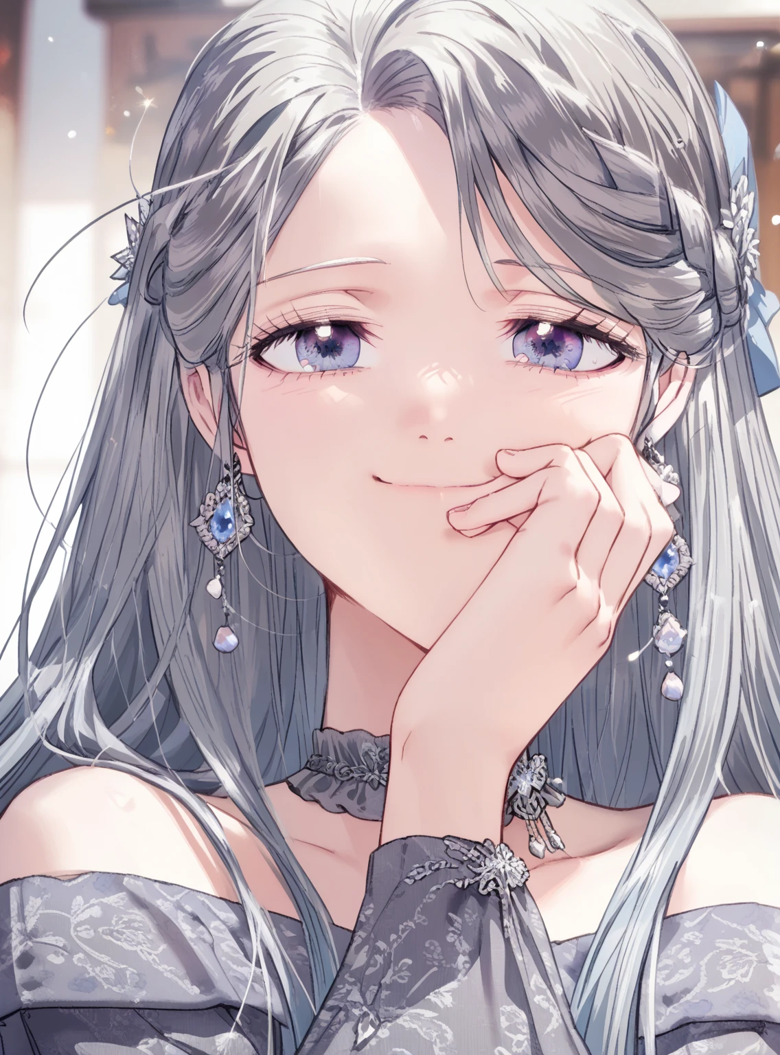 happy expression, close mouth, sweet smile, looking at the viewer, jubelian, blue eyes, long hair, silver hair, off shoulder dress,