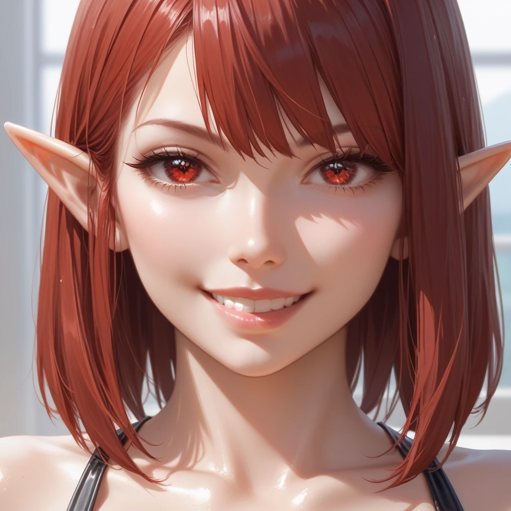 ultra-detailed, full-length, 1girl:1.4, solo, elf, elf ears, (beautiful face), portrait:1.43, (focusing on face), detailed eyes, (Ideal body proportions), ((Composition from head to thigh)), black bikini suit, Drenched shortcut blond hair, (scarlet clear red eyes, tsurime), The erection, Carmelto, Sexy body, grin smile, short-hair, blond hair with burgundy tips of hair, burgundy ends of hair, shiny skin, oiled skin, slenderness, Small buttocks, Beautiful legs, Skinny Legs, One-person viewpoint, masterpiece, ((Anatomically correct)), (portrait:1.4), (((close-up))), (focusing on eyes)