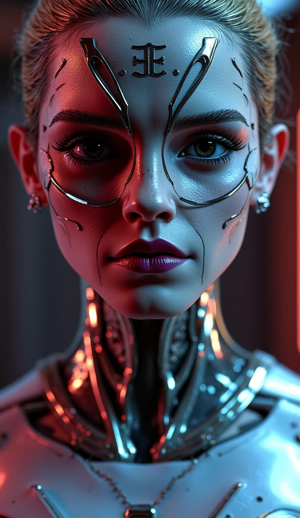 ((top-quality)), ((​masterpiece)), (detaileds:1.4), 3D, Beautiful Cyberpunk Woman Image,HDR(HighDynamicRange),Ray traching,NVIDIA RTX,Hyper-Resolution,Unreal 5,sub-surface Scattering,PBR Texturing,Postprocess,Anisotropy Filtering,depth of fields,Maximum clarity and sharpness,multi-layer texture,Albedo and specular maps,Surface Shading,Accurate simulation of light-material interactions,perfectly proportions,Octane Rendering,Two-tone lighting,Wide aperture,Low ISO,White Balance,thirds rule,8K RAW,Circuit Board AI,Silver Body、Metallic body