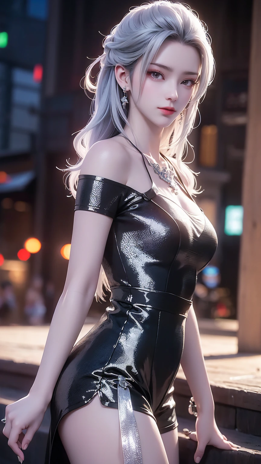  Best Quality , masterpiece, ultra high resolution, (Reality:1.4), Original image,  aesthetics and atmosphere, Hidden Gun, Film Grain, Blurry focus , Bokeh, Night Shooting, masterpiece realistic volumetric light,, 1 girl,  Purple Eyes, White hair, curls, giggle, (freckle:0.8), thigh,   medium bust size ,  upper body, (Shiny:1.3) Sequined long cns dress,  ray traced reflection , Desert Street, Footprints,  night view of the city, Sky, Leaning against the wall, From the side, 8K Ultra HD ，masterpiece, Best Quality ,Photo real， 1 girl, dynamic posture for the web，（（ Black pajamas,  Tight Shorts ））, , Large target,  bright eyes ,  smooth skin , （permanent）， maximizes pixel camera angles，