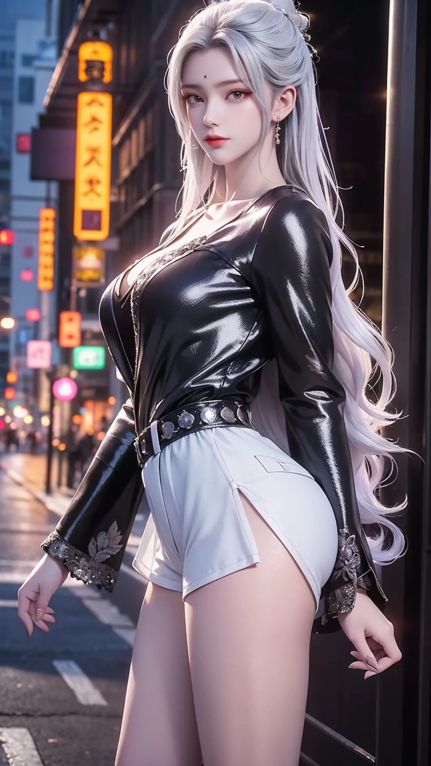  Best Quality , masterpiece, ultra high resolution, (Reality:1.4), Original image,  aesthetics and atmosphere, Hidden Gun, Film Grain, Blurry focus , Bokeh, Night Shooting, masterpiece realistic volumetric light,, 1 girl,  Purple Eyes, White hair, curls, giggle, (freckle:0.8), thigh,   medium bust size ,  upper body, (Shiny:1.3) Sequined long cns dress,  ray traced reflection , Desert Street, Footprints,  night view of the city, Sky, Leaning against the wall, From the side, 8K Ultra HD ，masterpiece, Best Quality ,Photo real， 1 girl, dynamic posture for the web，（（ Black pajamas,  Tight Shorts ））, , Large target,  bright eyes ,  smooth skin , （permanent）， maximizes pixel camera angles，