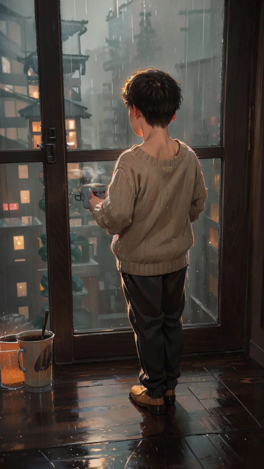 wood floor living room,  young boy wearing sweater looking outside at the window, view from behind, holding cup of hot coffee, smoky hot coffee, drinking hot coffee, rainy window outside、night time, rain drops outside apartment、cozy living room, building city lights night time