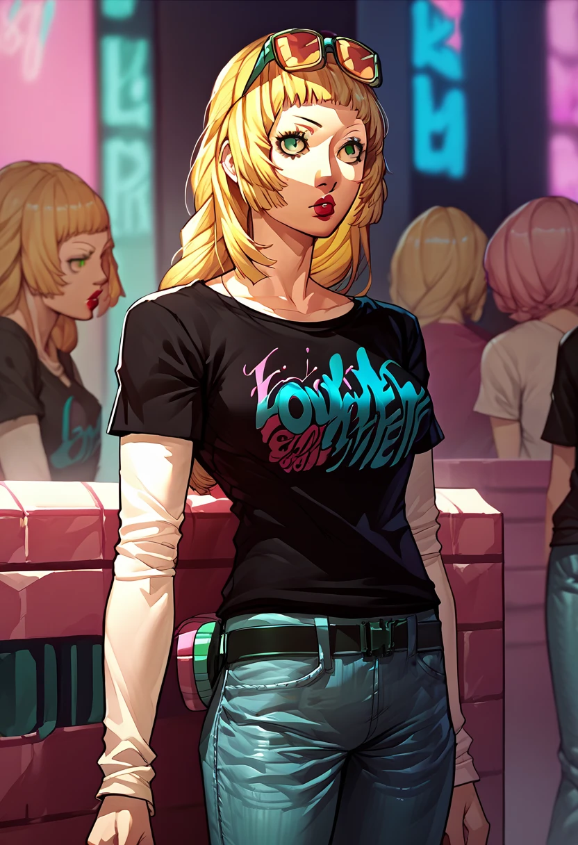 1girl, sunglasses on head, lipstick, black t-shirt, clothes writing, layered sleeves, large breasts, jeans, Ingrid Brandl Galatea, blonde hair, green eyes,