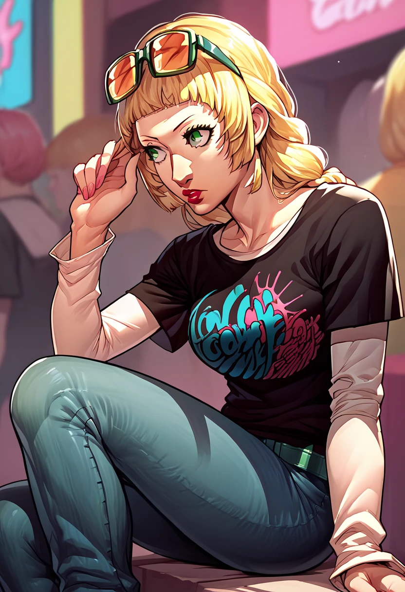 1girl, sunglasses on head, lipstick, black t-shirt, clothes writing, layered sleeves, large breasts, jeans, Ingrid Brandl Galatea, blonde hair, green eyes,