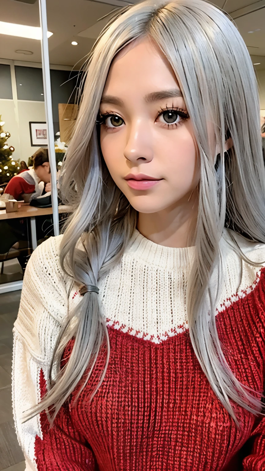 best quality,high res,1girl, solo, blurry, blurry background, blurry foreground, depth of field, motion blur, photo \(medium\), focused, red dress, dress, 3d, 1girl, photo background, breasts, looking at viewer, cosplay photo, chromatic aberration, white hair,(orange eyes:0.1),expressionless,tsurime,side ponytail,medium breasts,