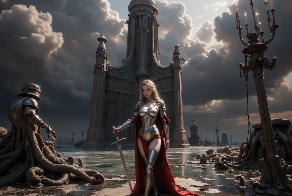 ((Masterpiece, top quality, high resolution, highly detailed CG unified 8K wallpaper)), (huge stunning goddess shot, very hot and sexy, jaw-dropping beauty, perfect proportions, beautiful body, slim body beauty:1.3), (Dark Tower, dynamic composition), Dark Tower, An eerie tower stands in the middle of the swamp. A black mist swirls around the tower. Countless tentacles wriggle in the swamp. Black clouds hang high in the sky. The princess knight is about to take on the final battle. The back of the princess knight holds a sword in one hand.