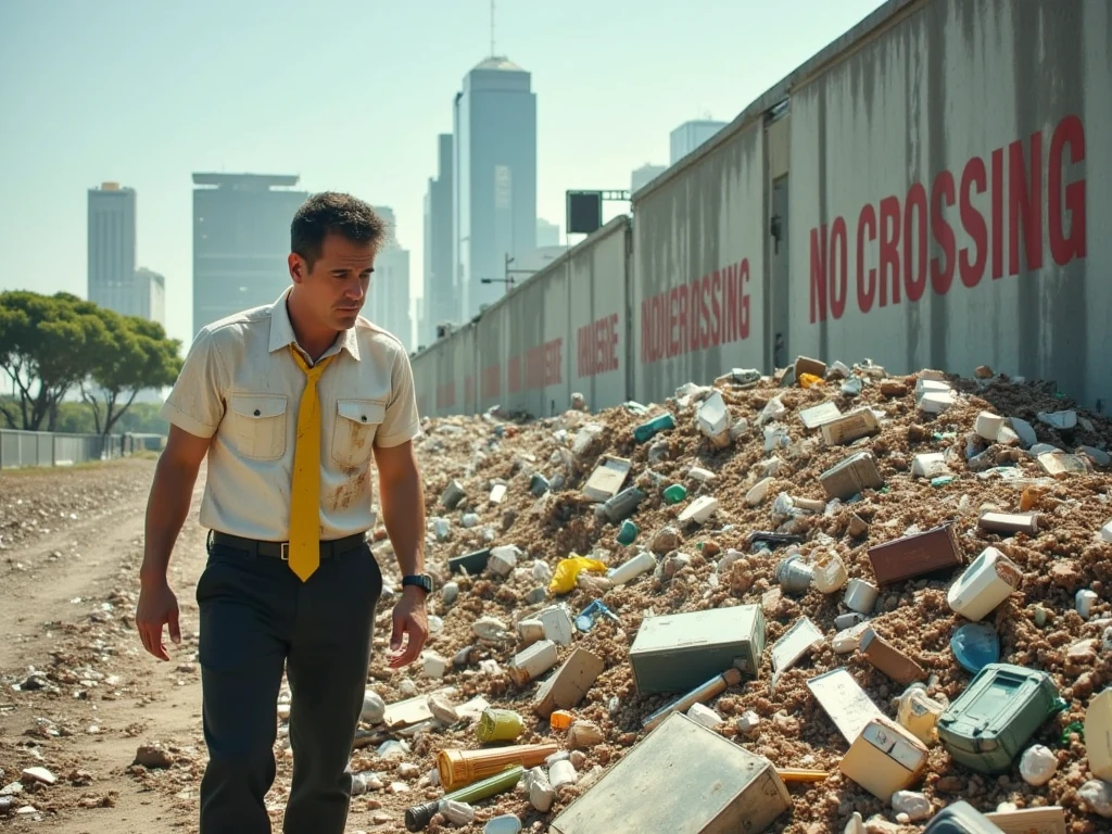 cinematic wide shot of rico as a futuristic assassin in black slacks and a white button up shirt and yellow tie, all filthy and oil stained and torn from his adventures, crossing a vast garbage field. Rico is small in the frame, which is wide enough to show vastness of the garbage field. This garbage field is the dumping ground for mountains of broken down robots, heaped in piles stretching as far as the eye can see. It is a bright sunny day. Rico is trudging towards the skyscrapers of civilization, barely visible in the distance. The garbage field is up against a one hundred foot tall concrete border wall, with the words "NO CROSSING" printed on it over and over in big red letters. On the other side of the border wall, the tops of trees are visible, as if that side of the border is verdant and this side is a wasteland of garbage. The year is 2026