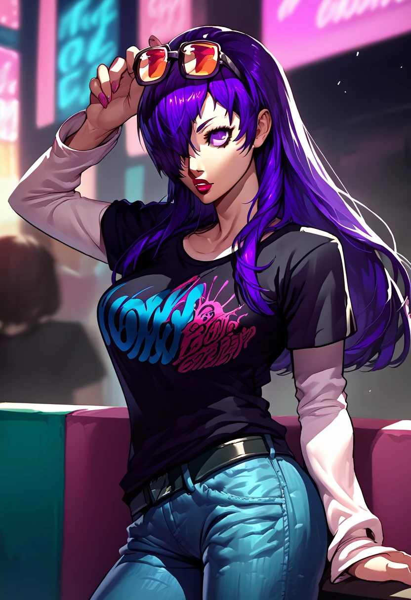 1girl, sunglasses on head, lipstick, black t-shirt, clothes writing, layered sleeves, large breasts, jeans, Shez, purple hair, hair over one eye, purple eyes