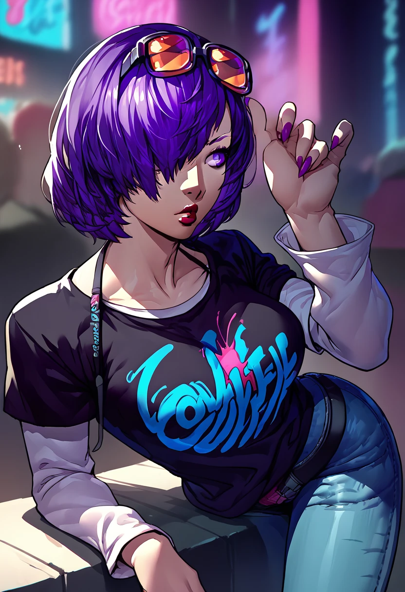 1girl, sunglasses on head, lipstick, black t-shirt, clothes writing, layered sleeves, large breasts, jeans, Shez, purple hair, hair over one eye, purple eyes