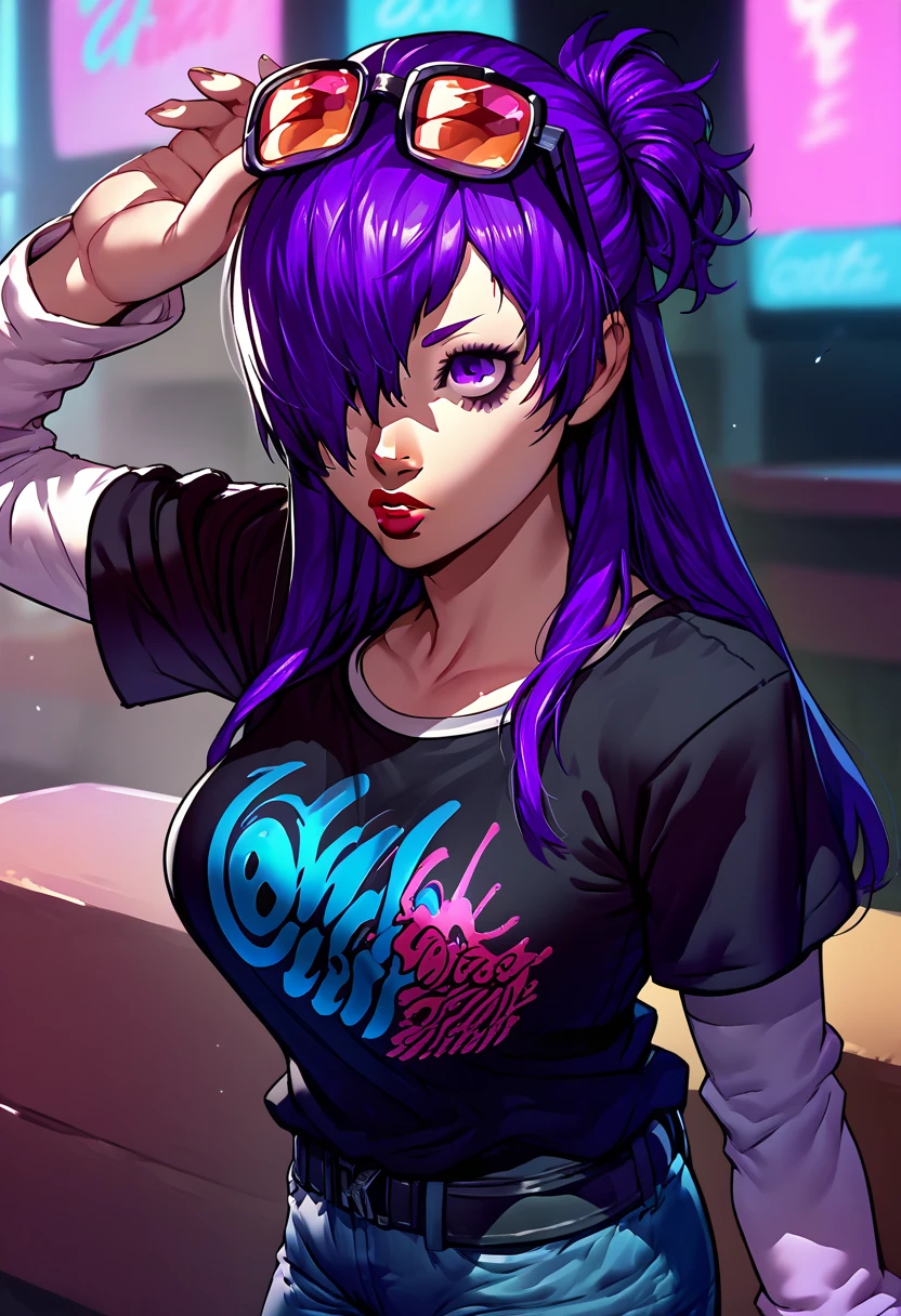 1girl, sunglasses on head, lipstick, black t-shirt, clothes writing, layered sleeves, large breasts, jeans, Shez, purple hair, hair over one eye, purple eyes