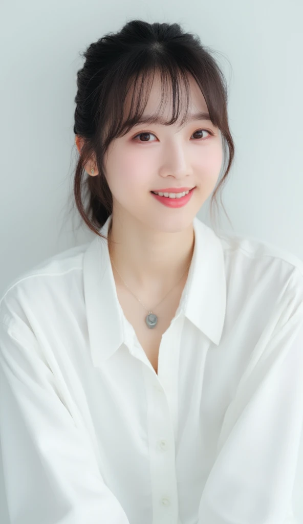 A seated close-up portrait of a cute young Asian woman stands against a stark white backdrop. The woman has dark brown hair with bangs, lighter eyes with darker brown eyebrows, and dark brown eyes. She is smiling, her lips are slightly pursed, and she has a ringed, pink cheeks. The women's hair is pulled back behind her, her bangs are pulled back at the top and cascades over her forehead. She Is wearing a white long-sleeved long-ved shirt that is buttoned up with a collar and buttoning down its chest. She appears to be posing for a camera. Her right arm is turned at the side of the frame, and her left wrist is tucked beneath her waist. She has a silver necklace with a small gray charm. The necklace is on her lower lip area, while one of her ears is open on the right.