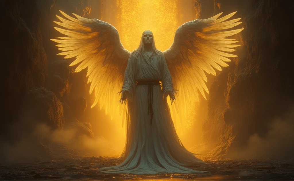 An angel in a white monastic robe with red elements. A divine light emanates from him. Yellow lighting horror