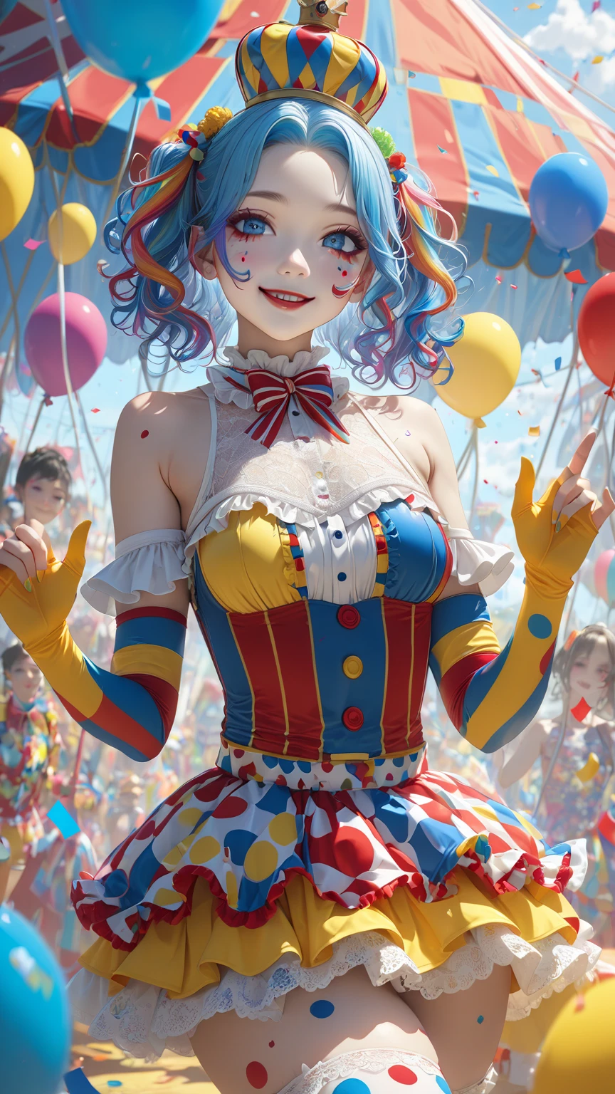 ((top quality, 8k, masterpiece: 1.3)), 1 woman, full body, smiling beautiful girl with many balloons, (blonde, twin tails) (big: 1.3, cleavage), cut abs, revealing, colorful clown outfit, ultra detailed face, (detailed eyes, double eyelids, color contacts, eye catch, catch light, long eyelashes), Sony α7, 85 mm, f / 1.4, ISO 100, balloons are multicolored, balloon designs various, Ueno Park,