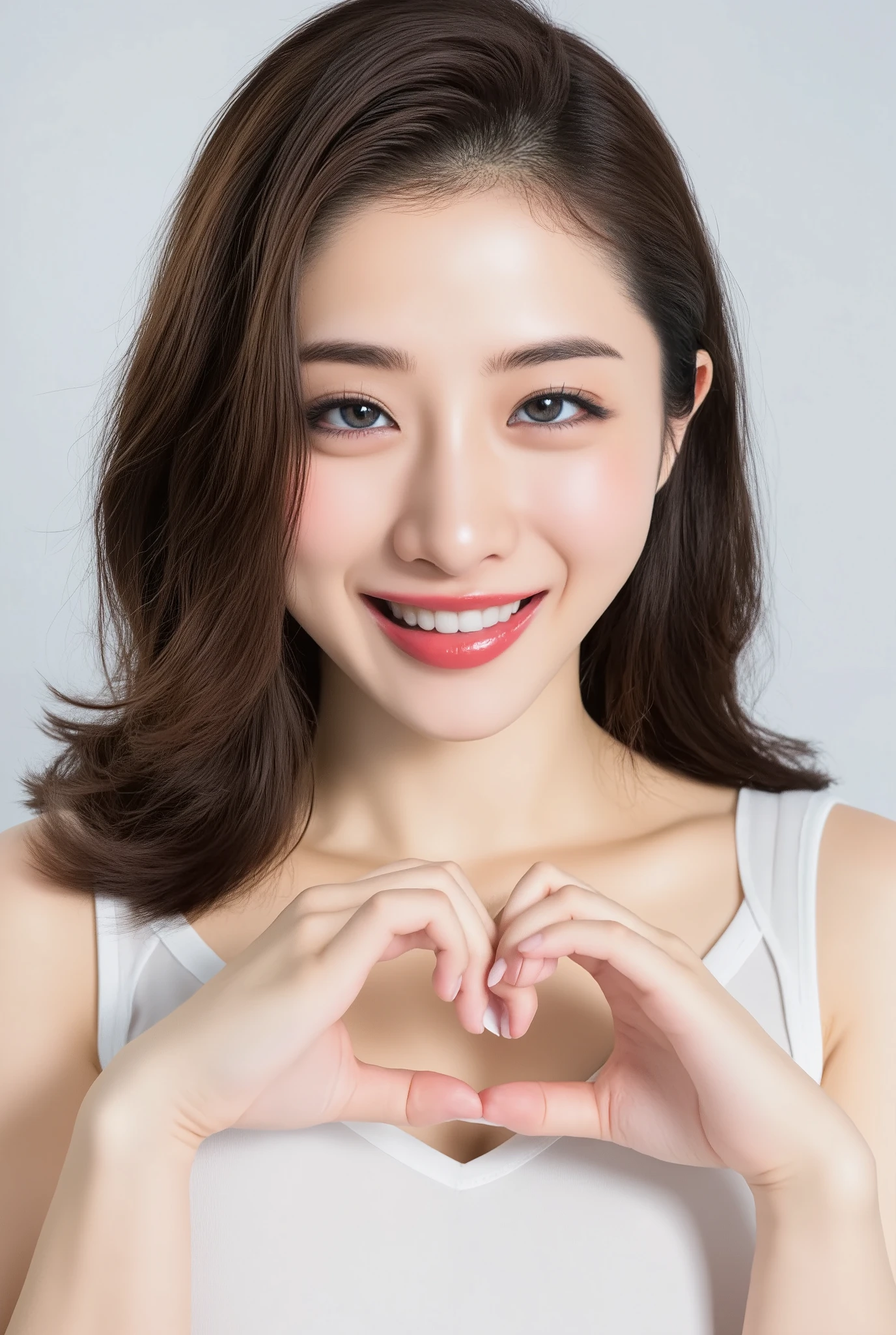 Smiling face with hands making a heart shape:2.0、 (Ultra-Accurate Human Anatomy, Best Quality、RAW Photos、8k、32K、masterpiece、Realistic、Photorealistic:1.37)、Cute Japanese women images、Tank tops、Photographed in natural light、Upper Body、1 girl、Photo Mapping、Physically Based Rendering、Excellent image quality、High resolution、1080P、(Beautiful Face)、(Detailed description of the face)、(Detailed explanation of the hand setter&#39;s muscle area)、(Detailed CG)、Rich details、(Stunning Features:1.35)、(Detailed eyes)、I look forward to your eyes、Delicate clavicle、Various poses、A highly realistic and detailed portrait of the upper body of a young woman。The skin is clear、A soft light reflects off the high points of the cheeks.、Fine pores and hair follicles、Even the thinnest blood vessels are visible。The skin is smooth、A natural flush to the cheeks、Gives off a healthy glow。The eyes are large and clear blue、The iris has a fine pattern、The light reflects off your eyes and shines。There is a slight shadow under the eye、Eyelashes are long and naturally curled。Her lips are a soft pink color、Smooth texture and natural shine、Reflects light slightly。The woman is wearing a simple white top.、The background is a faint monochromatic gradient.、The focus is completely on the face and upper body。Realistic shadows and textures、The depiction is like a photograph.。
