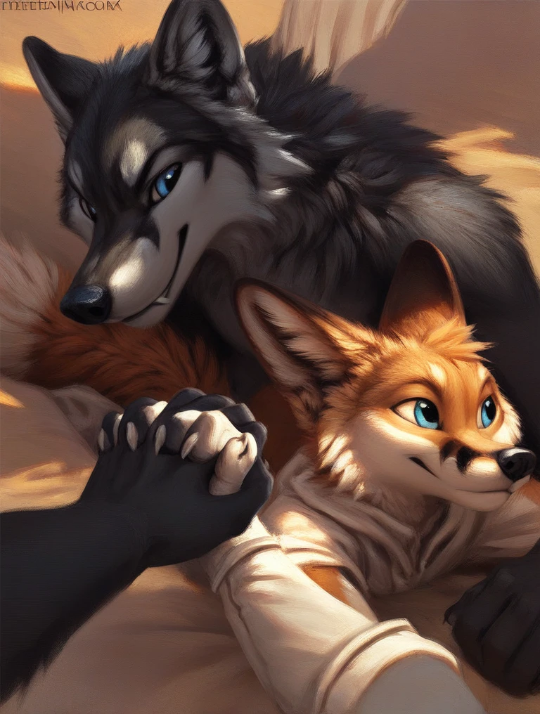 score_9, score_8_up, score_7_up, source_furry, rating_safe, by kenket, anthro, duo, male/male, wolf, black body, blue eyes, fox, orange body, doggy style, bird's eye view, on belly
