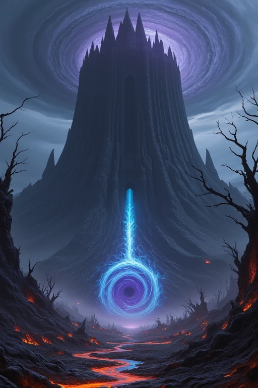 A towering dark structure, reminiscent of Barad-dûr, rises ominously above a desolate, dystopian wasteland. The tower’s jagged spires reach toward a swirling black vortex in the sky, crackling with malevolent energy, as if it were a gateway to another realm. At its base, a glowing wormhole radiates a chaotic blend of blue and purple light, warping the crumbling ground around it. The surrounding landscape is barren, covered with volcanic ash and twisted remnants of ancient stonework, echoing the ruins of a once-thriving kingdom. Gnarled, leafless trees and rivers of molten fire wind through the terrain, evoking a haunting sense of decay. The oppressive atmosphere is heavy, with whispers of forgotten battles and the shadows of lost heroes lingering in the air.