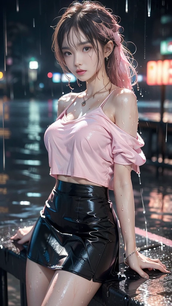 1 beautiful women got wet, ((sleep in the bus)), closed eyes, ((sideboob shirt)), ((revealing cleavage)), beautiful face, seductive, makeup, (Realistic pink hair), (short wavy hair, bob cut), (wet sideboob blue shirts), (red miniskirt), highheels, open legs