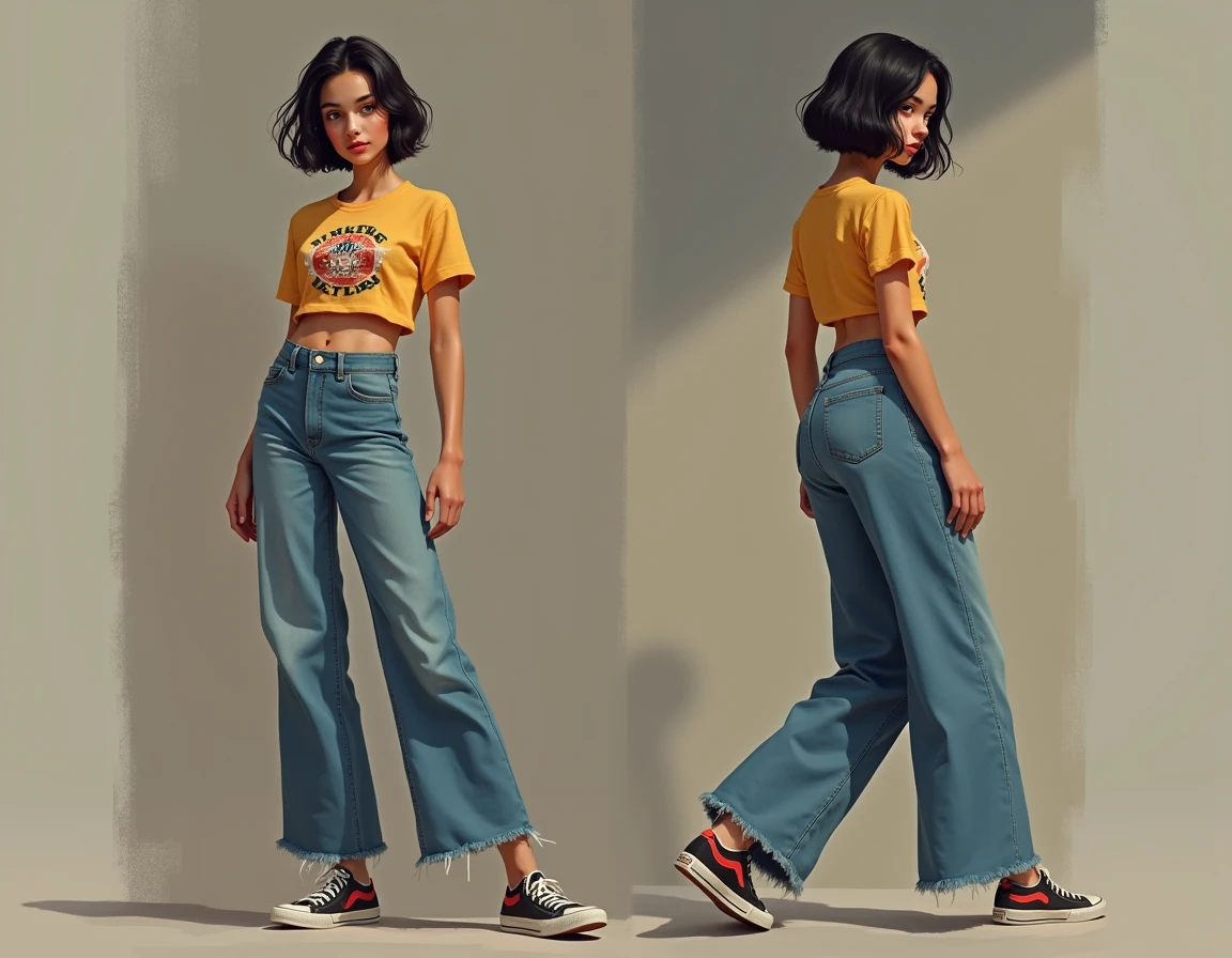 masterpiece, top-quality, 1 beautiful girl, (Detailed beautiful eyes), ((Detailed skin)) , ((Detailed medium hair )), A beautiful girl 170cm, she in colorful clothings hiphop style and sneaker sport, oversize t-shirt jeans, high waist short jeans, jacket jeans, RAW photos, CG rendering, Blurred background, deep shadow,  16K, bokered,   Very detailed, wallpaper, depth of field, movie light, Ray tracing, 