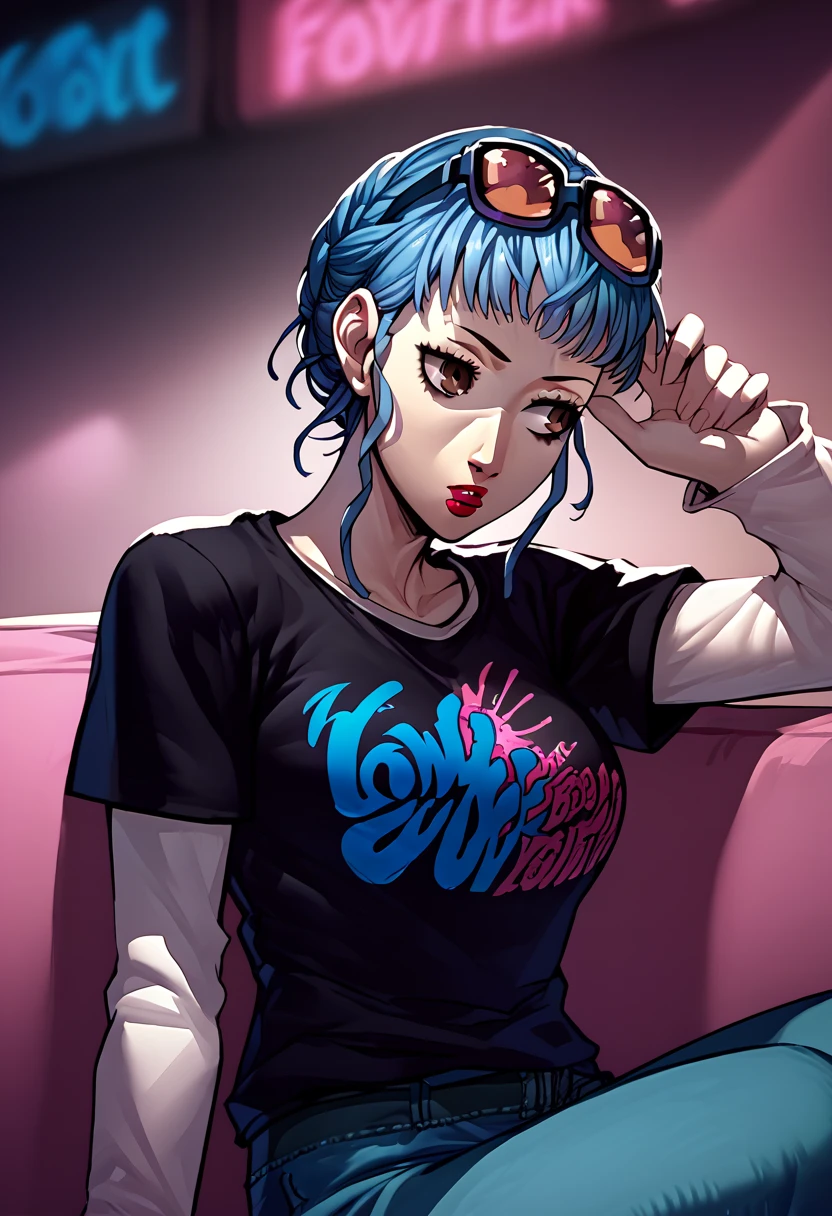 1girl, sunglasses on head, lipstick, black t-shirt, clothes writing, layered sleeves, large breasts, jeans, Marianne Von Edmund, blue hair, brown eyes