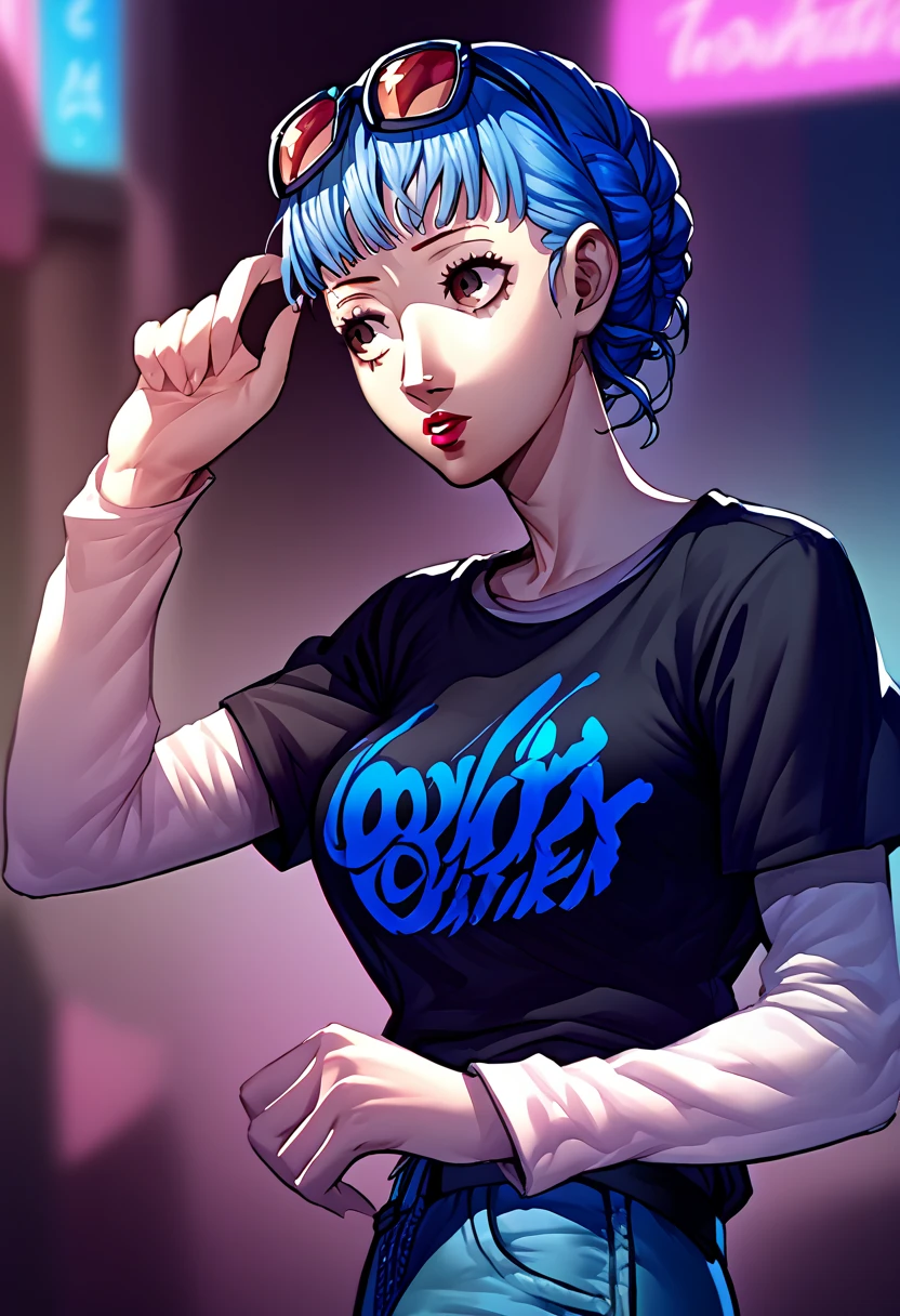 1girl, sunglasses on head, lipstick, black t-shirt, clothes writing, layered sleeves, large breasts, jeans, Marianne Von Edmund, blue hair, brown eyes