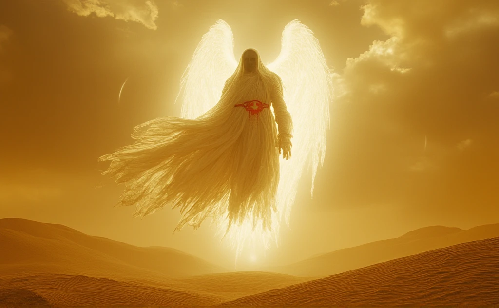 a creepy Angel, in a white monastic robe with red elements. A divine light emanates from him. He levitates over the sand. It is located in the desert. Yellow lighting horror