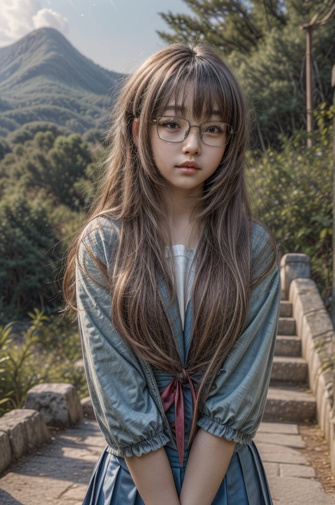 (masterpiece), (ultra-high detail), (best quality), Yuki with a serene expression, wearing a meticulously detailed blue skirt and glasses, dressed in a precisely designed serafuku summer uniform with intricate kneehighs. She stands gracefully on ancient temple stairs, surrounded by a lush, dense mountain forest at night. The Milky Way and countless stars illuminate the sky, casting a magical and ethereal glow over the entire scene. Yuki gazes directly at the viewer with a sense of wonder, as the serene ambiance encapsulates the beauty of the moment.