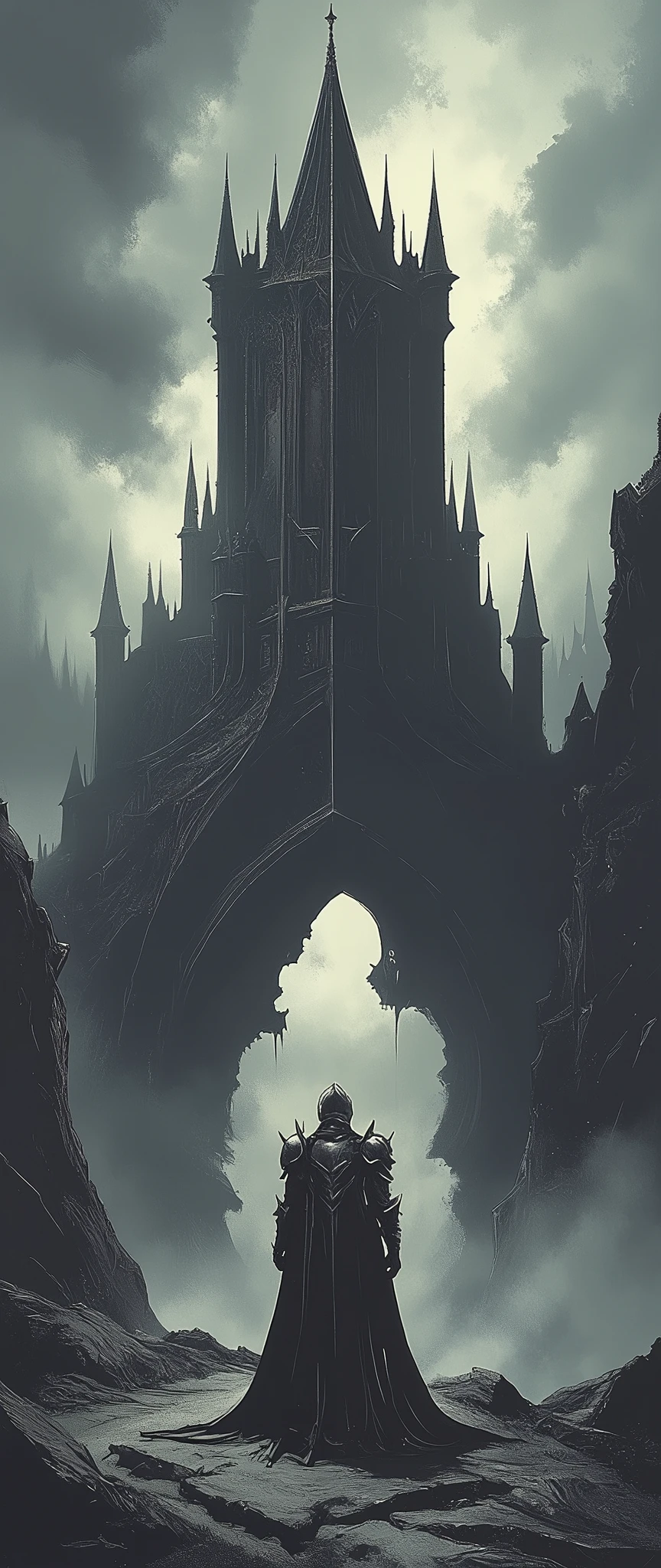 (masterpiece:1.2,Exceptional Quality,Mirror-like,Cinematic Experience, best illustrations:2.0),8k,16,wallpaper,(Tower of Darkness:2.0),( An eerie tower towering over a steep rocky mountain:2.0),(Deep Dark Mist :2.0),(Dynamic depiction from below:2.0),( Dynamic:2.0),(The background is an orange devil's eye:2.0),(Back view of a knight:2.0)