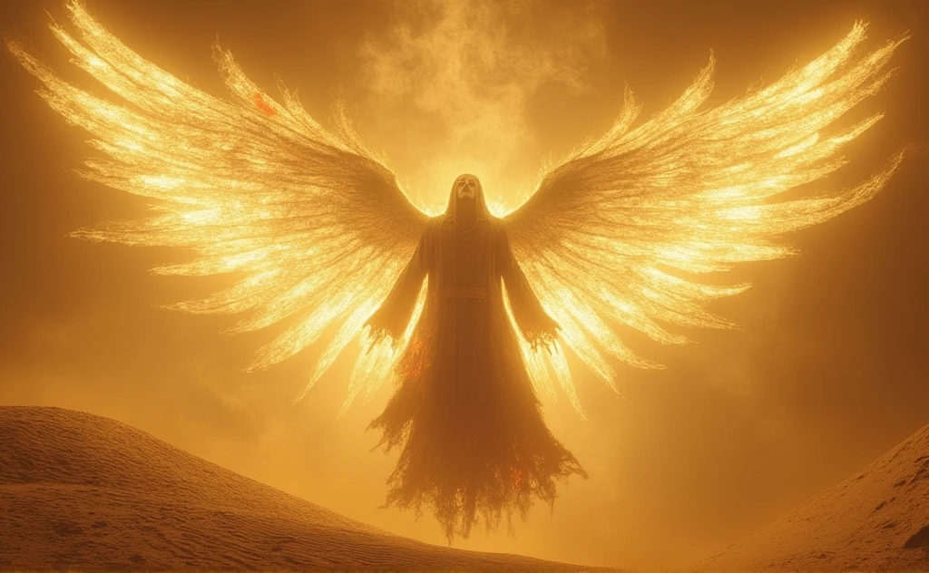 a creepy Angel, in a white monastic robe with red elements. Wings made of pure divine light. A divine light emanates from him. He levitates over the sand. It is located in the desert. Yellow lighting horror