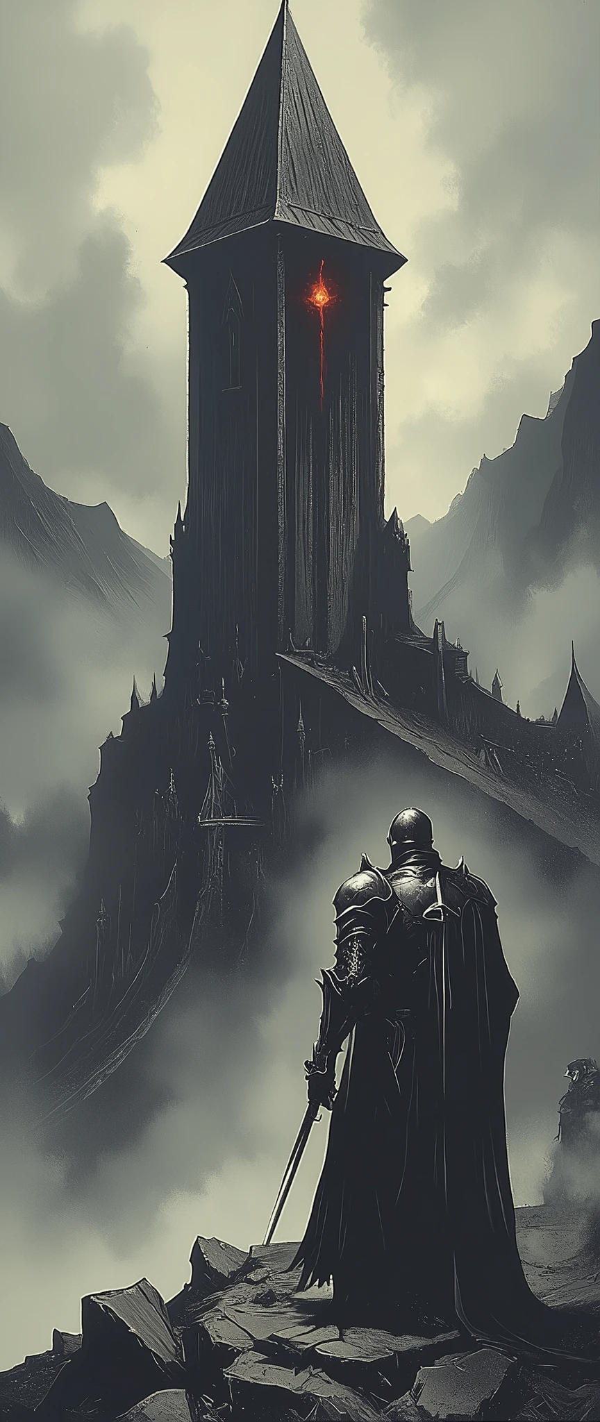 (masterpiece:1.2,Exceptional Quality,Mirror-like,Cinematic Experience, best illustrations:2.0),8k,16,wallpaper,(Tower of Darkness:2.0),( An eerie tower towering over a steep rocky mountain:2.0),(Deep Dark Mist :2.0),(Dynamic depiction from below:2.0),( Dynamic:2.0),(The background is an orange devil's eye:2.0),(Back view of a knight:2.0)