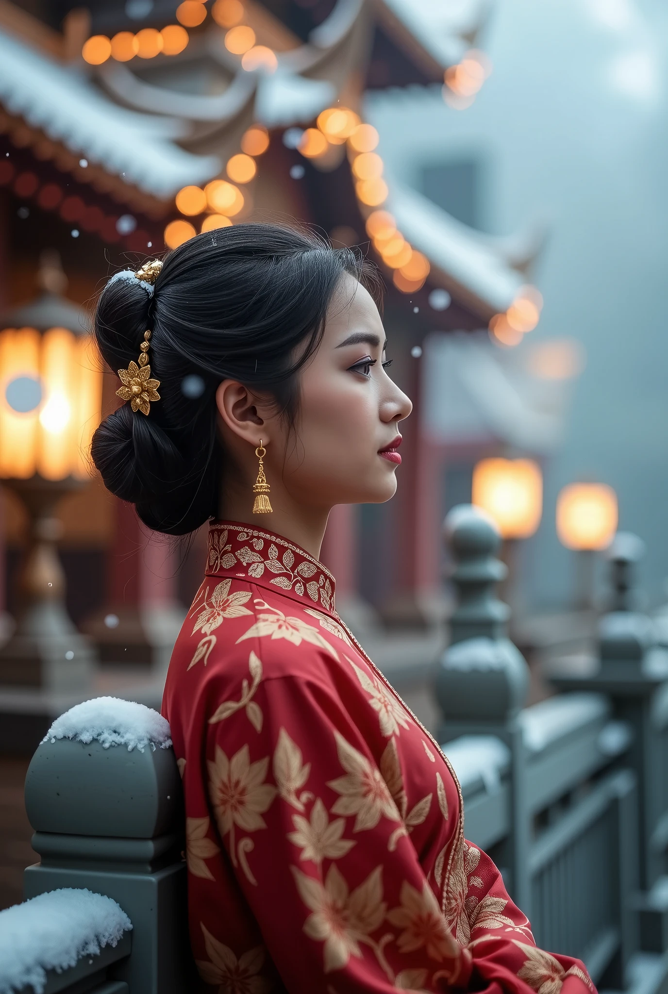 A young woman in traditional Southeast Asian attire with intricate red and gold embroidery, set against a mystical temple background in soft focus. The scene features a gentle snowfall, with snowflakes glistening as they fall. Her hair is styled in an elegant updo adorned with golden accessories, complementing her ornate earrings. The temple structures are beautifully lit with warm, glowing lanterns, creating a serene and enchanting atmosphere. The mood is tranquil, with a blend of cultural richness and natural beauty. 