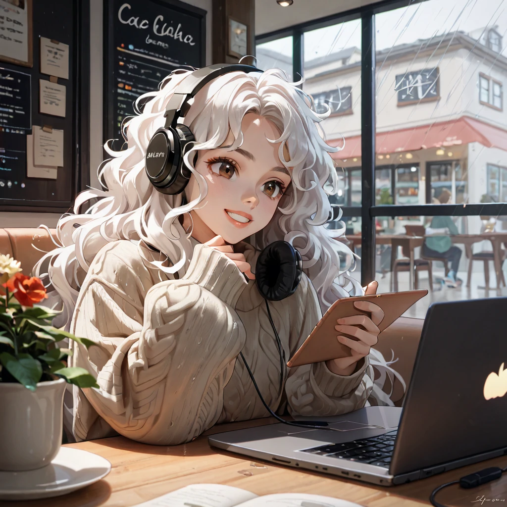 The most beautiful girl ever, Cafe、 headphones、rain、white hair, Long Hair, High Resolution, High Resolution, High Details, brown eyes, messy curly hair, coffee, oversized sweater, laptop, Cafe, working on laptop, brown eyes, focused, Parted Lips, grin