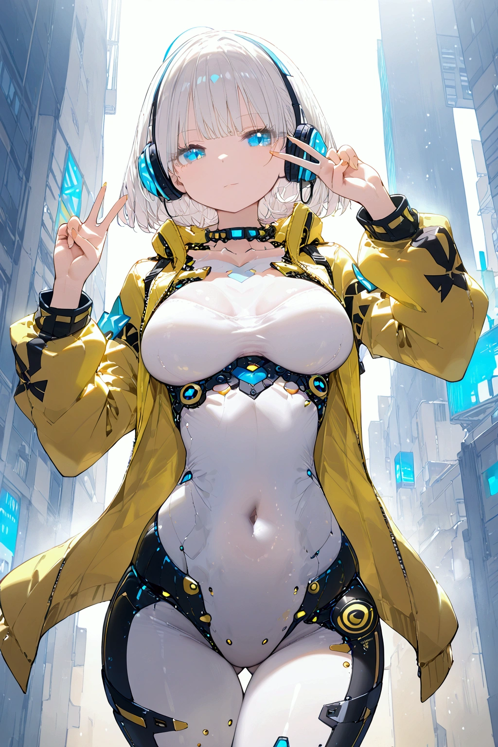 A girl with (heterochromia:blue and yellow:1.4)0.8], long white hair with bangs, highlighting her colored eyes, wearing technological clothes:1.25). --s2