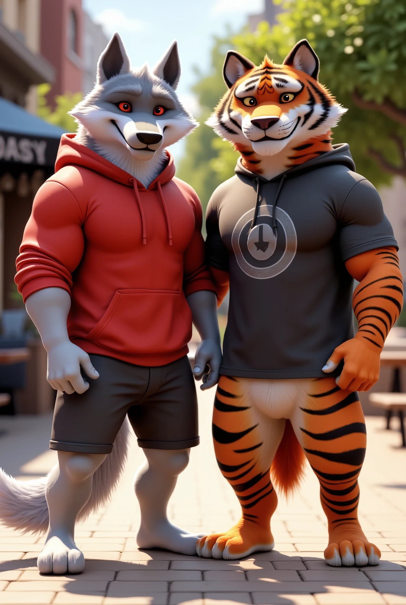 "Anthropomorphic male wolf, adult, muscular build, standing outdoors, looking directly at the camera with a friendly and confident expression. He’s wearing a red hoodie, a comfortable and casual fit that highlights his strong physique. His fur is a mix of white and silver, and his red eyes glow with a warm, inviting vibe. He stands proudly, one hand relaxed by his side, while the other is casually tucked into the pocket of his hoodie.

Beside him is his friend, an anthropomorphic tiger with striking orange and black stripes, muscular build, and a similar casual outfit. The tiger wears a simple graphic t-shirt, showcasing a relaxed yet confident appearance. The tiger’s amber eyes are also focused on the camera, and his posture mirrors that of the wolf, both standing confidently side by side.

The background is a vibrant outdoor setting, perhaps a park or urban environment, with some trees or benches in the distance. The scene captures the two characters enjoying their time together, with the focus on their strong presence and friendship.

Style: Hyperrealistic 3D rendering with detailed textures and realistic lighting. The sunlight filters through the scene, casting soft shadows and highlighting the character's muscular builds and the casual, everyday vibe of their outfits."