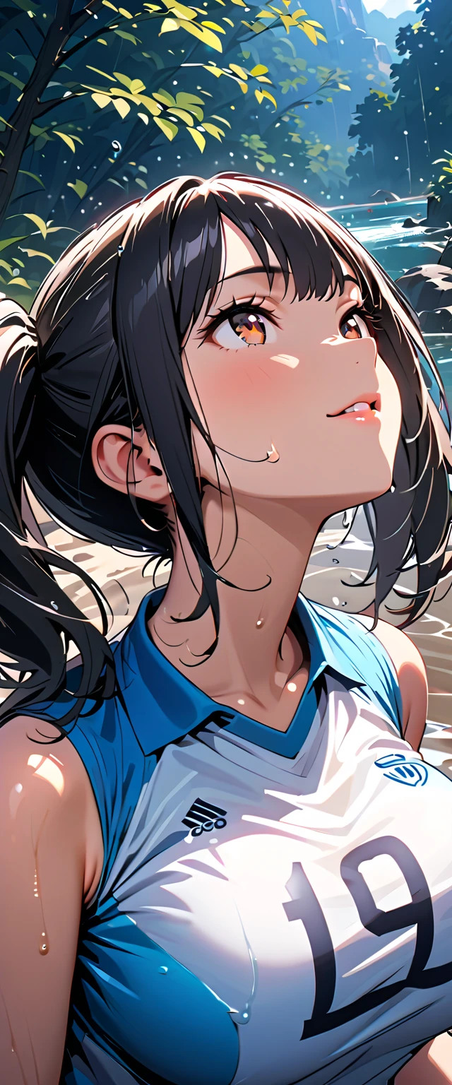 1 person、beach、School swimsuit、Sunburn、Tan Skin、Embarrassed、女の子1 person、Navy blue school swimwear、blunt bangs、Black Hair、super fine illustration,(((beautiful fine hair))),(((beautiful fine face))),(((beautiful fine background))),Midsummer、beachBlack Hair、blunt bangs、Cross-eyed
