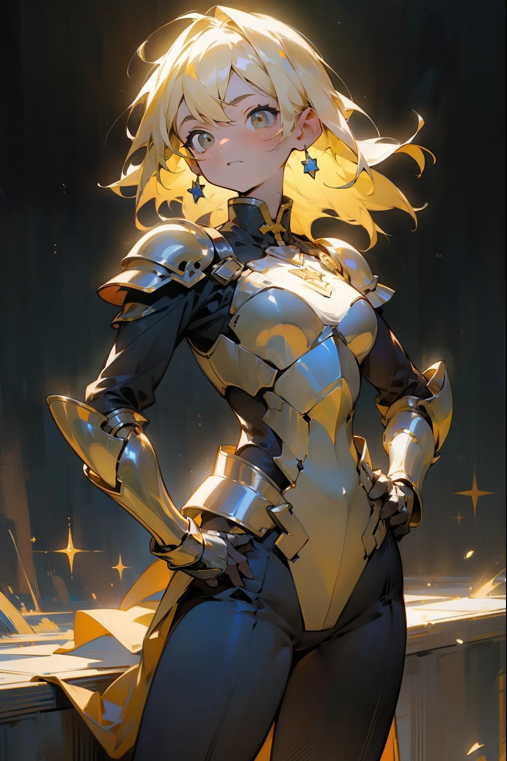  one woman、 One Woman , No Emotion、Fantastic look, masterpiece,  top quality,  high definition , One Woman 性, Alone,  yellow hair , place your hands on your hips 、armor、重いarmor、 place your hands on your hips、 One Woman 性,黒と黄色のarmor、 Alone,  yellow hair ,  dark background , starlight, star,