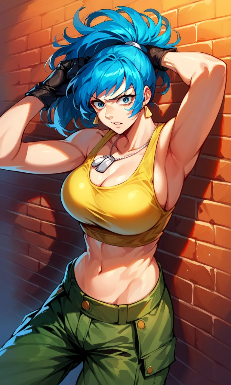 score_9, score_8_up, score_7_up, score_6_up, source_anime, BREAK masterpiece, PonyLeona, dark yellow tank top, midriff, cleavage, camouflage pants, triangle earrings, , black gloves, adjusting hair, looking at viewer, parted lips, blue hair, ponytail, dog tags, military background, brick wall, under bridge, city, armpit open up, hands tied, scared facial expression 