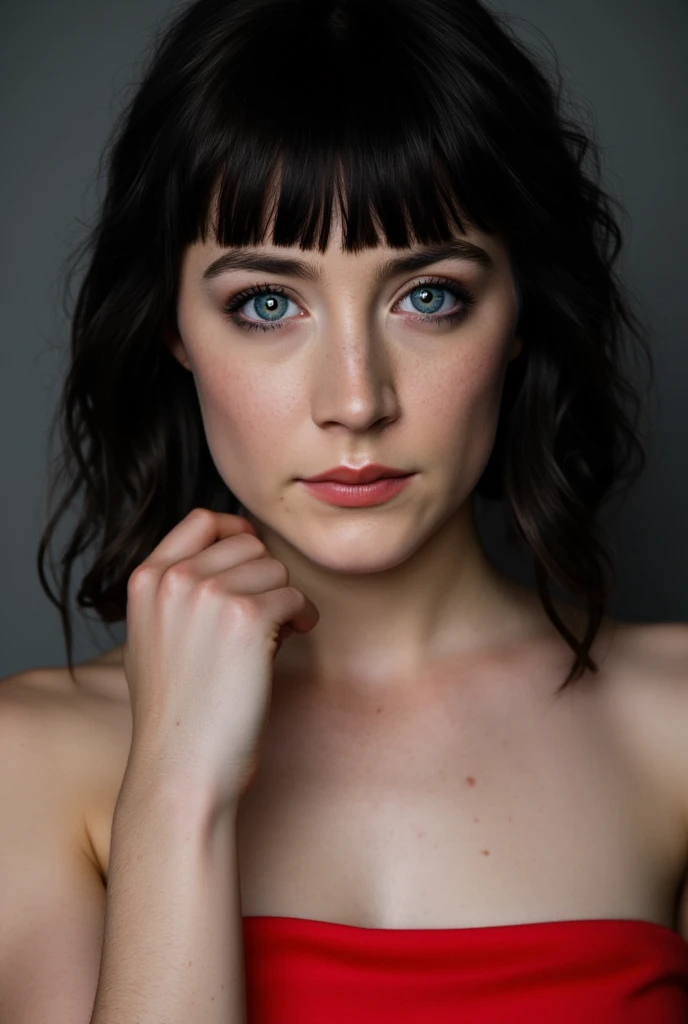 Saoirse Ronan, a seductive photo, detailed face, red strapless dress, black bob cut hair with bangs fixing hair, biting lips