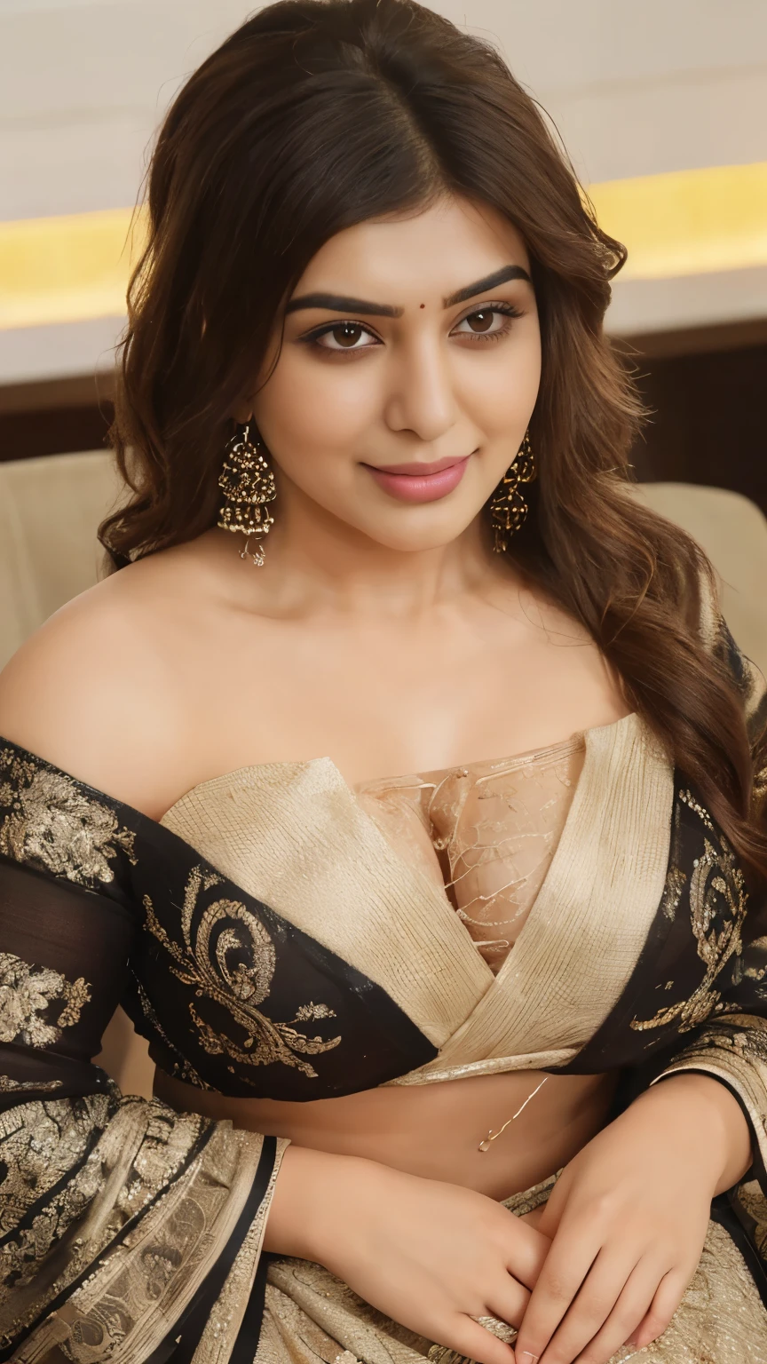 Hansika Motwani- a curvy figure model, extreme close up photo of faty indian, indian traditional blouse, big cheeks, hourglass figure, curvy, beautiful lips, different Style Saree, blouse, bra,look at viewer and subtle smile, (cinematic:1.3), intricate details, (ArtStation:1.2)