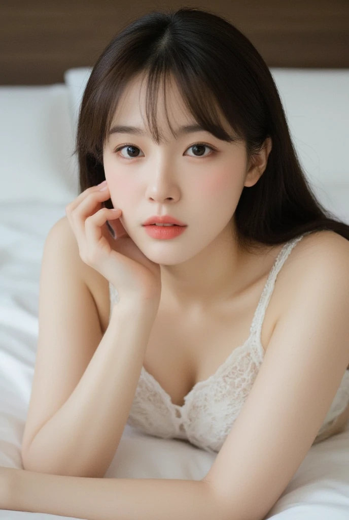  4K,   high definition , adult,  clear , hair,  on the bed, Realistic to lie down,   Detailed Eyes and Faces  , large breasts, (happiness smile:0.7)  hotel , cleavage, Wear sexy white lace lingerie, detailed face and eyes, (cute), Asian cute actress, Beautiful eyes, Beautiful eye highlights