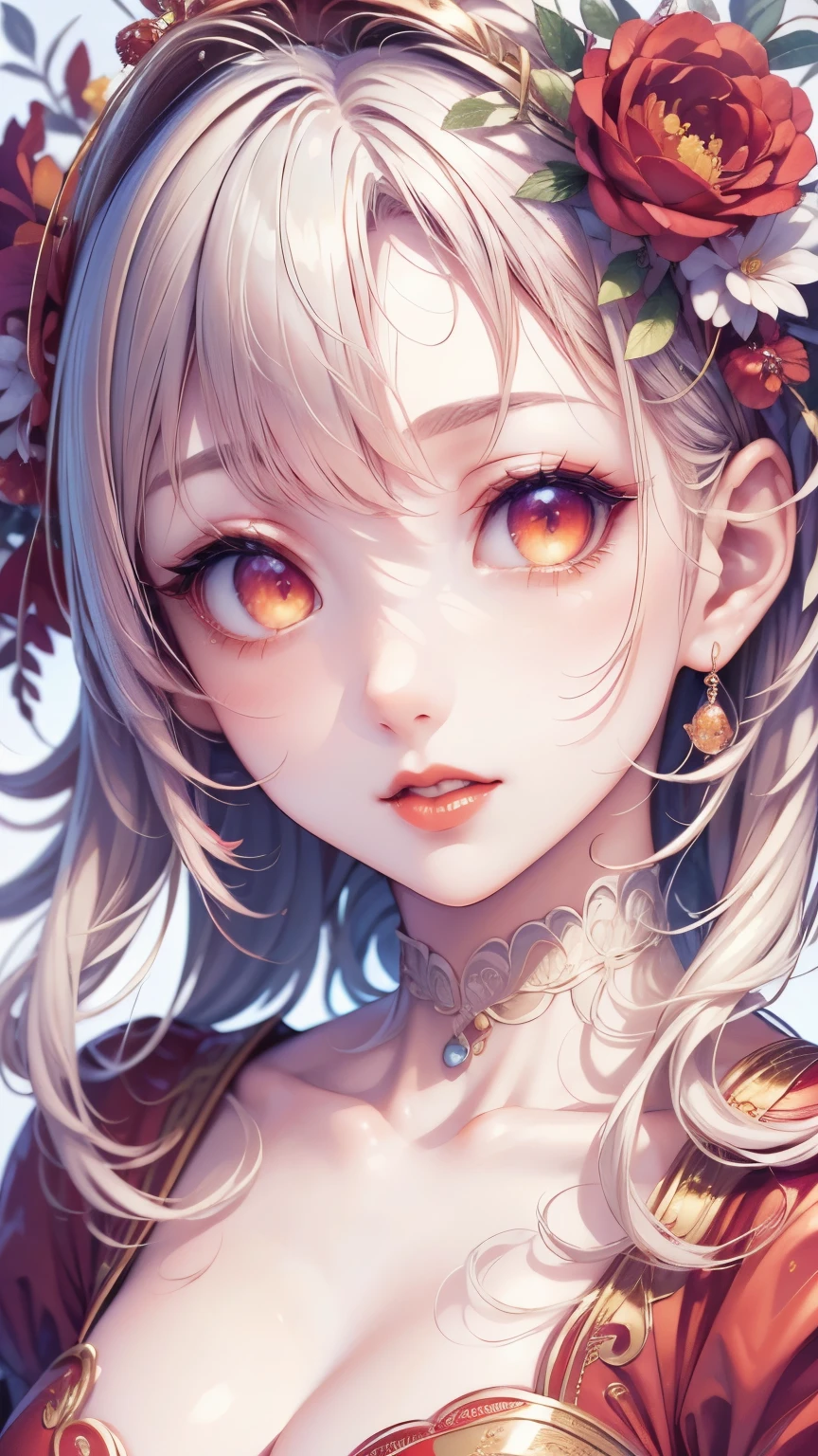 (masterpiece),( top quality:1.0), ( super high resolution :1.0),   detailed illustration, 8k, Anime,  1 girl , beautiful Anime girl,  wearing a red dress , flower crown, pretty face,  detailed face ,   beautiful eyes ,  detail eyes, Crimson Eyes, Bright red lips, Red lipstick,  beautiful stylish hair,  Hair Highlights , bangs Anime style,  top quality, vibrant breasts , 