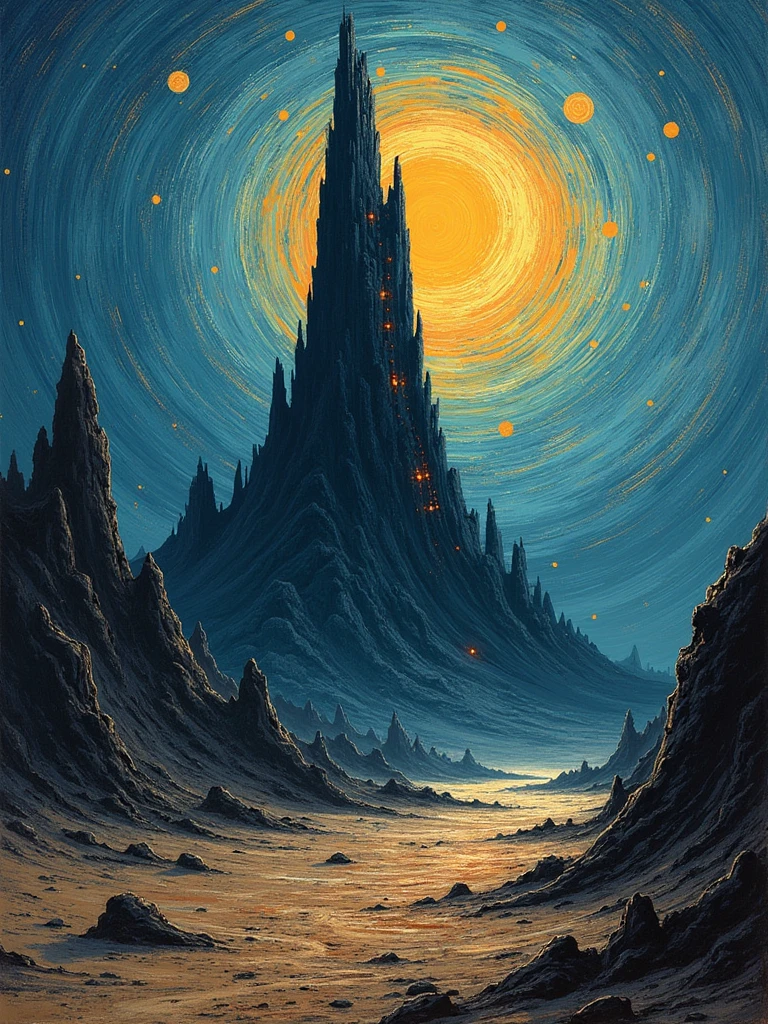 A towering, shadowy structure dominates a dystopian landscape, its jagged, spiraling form stretching into a swirling, chaotic sky. The scene is depicted in the expressive, textured brushstrokes reminiscent of Van Gogh’s style, with vivid contrasts of deep blacks, stormy blues, and fiery oranges. The landscape is barren and cracked, dotted with the faint remnants of a crumbled civilization. The sky churns with turbulence, a chaotic blend of digital-like patterns and organic movement, suggesting an otherworldly tension. The tower’s surface is etched with glowing lines, like circuitry, hinting at an ominous fusion of decay and technology. The composition exudes a haunting beauty, blending despair with an unearthly vibrancy.

