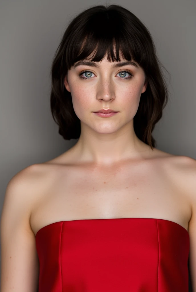 Saoirse Ronan, a photo, standing frontally,detailed face, red strapless dress, black bob cut hair with bangs fixing hair, biting lips