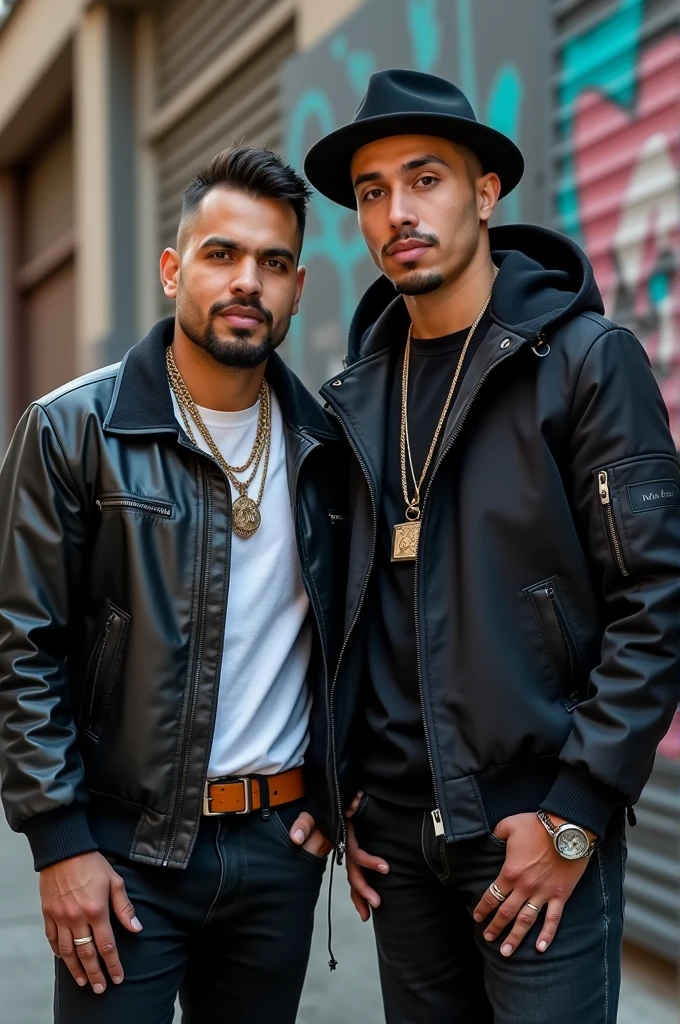 full view full body, 2 sexy young latino gangsta boys with undercut clean shaved platinum-blonde haircuts, wearing golden excessively large and extreme-fashion way too over-thuggish most expensive outfits, golden Jordan sneakers, white socks, golden extremely heavy rings, chunky too heavy to wear bracelets, chunky golden heavy chains, kissing each other standing in the street ,sixpack, tatoos, piercings