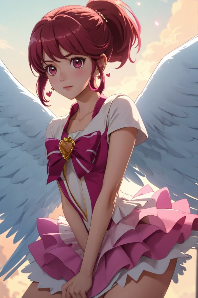 ultra detailed, sharp focus, best quality, masterpiece, colorful, AinoMegumi, short hair, ponytail, SuperHappiness, heart brooch, angel wings, volumetric lighting, best quality, masterpiece, intricate details