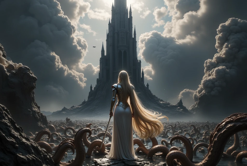 ((Masterpiece, top quality, high resolution, highly detailed CG unified 8K wallpaper)), (huge stunning goddess shot, very hot and sexy, jaw-dropping beauty, perfect proportions, beautiful body, slim body beauty:1.3), (Dark Tower, dynamic composition), Dark Tower, An eerie tower stands in the middle of the swamp. Black mist swirls around the tower. Countless tentacles wriggle in the swamp. Black clouds hang in the sky. The princess knight takes on the final battle. The back view of the princess knight holding a sword in one hand. BLAKE silver armor, wavy blonde hair, beautiful back, round ass, thighs, silver boots. View from behind.