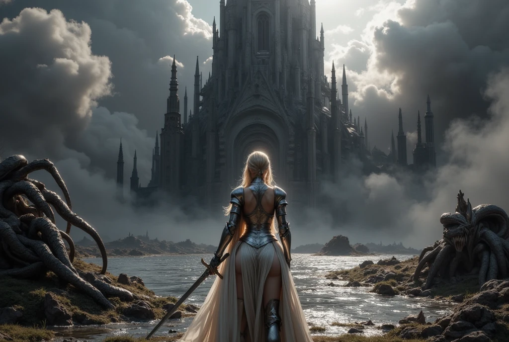 ((Masterpiece, top quality, high resolution, highly detailed CG unified 8K wallpaper)), (huge stunning goddess shot, very hot and sexy, jaw-dropping beauty, perfect proportions, beautiful body, slim body beauty:1.3), (Dark Tower, dynamic composition), Dark Tower, An eerie tower stands in the middle of the swamp. Black mist swirls around the tower. Countless tentacles wriggle in the swamp. Black clouds hang in the sky. The princess knight takes on the final battle. The back view of the princess knight holding a sword in one hand. BLAKE silver armor, wavy blonde hair, beautiful back, round ass, thighs, silver boots. View from behind.