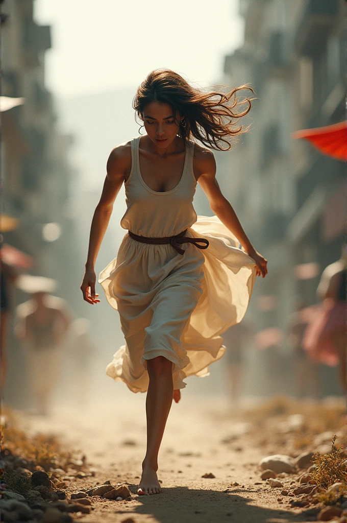 (YES, NSFW), (1girl), 2 girl running, girl single-handedly escapes floods and huge waves, (one girl: 1.3), girl in a short evening white transparent dress, wind skirt, the wind rises, her dress showing crotch area、((raised the dress by herself)))、(raised by herself)、panties off、no panties、red blush、parted lips、looking at the audience、the wind moves the dress, showing her perfect ass. (Front view: 1.3). Beautiful face. She runs through the streets of Marrakech. urban landscape. She runs away from floods and huge waves, Beautiful perfect face. Eyes closed, mouth slightly open, smooth skin, real pores, (windyupskirt), heavy rain, hide your hands、Don't show your hands. Fog, smoke, front view, best quality, fine details, {{masterpiece, best quality, extremely detailed CG, Unity 8k wallpaper, cinematic lighting, glare}}. ((extreme detail)), (ultra detail), best quality, ultra high definition, (8k, RAW photo, masterpiece, realistic, photorealistic:1.4), 8k uhd, dslr, absurd, ray tracing, high quality texture, intricate detail, detailed texture, fine detail. Highly detailed CG Unity 8K wallpaper、highest quality、masterpiece、realistic、Photo Real, dramatic lights, sunrise lighting, light scattering by particles in a colloid, such as in a very fine suspension (ash), Tyndall effect (Tyndall effect: 1.5)