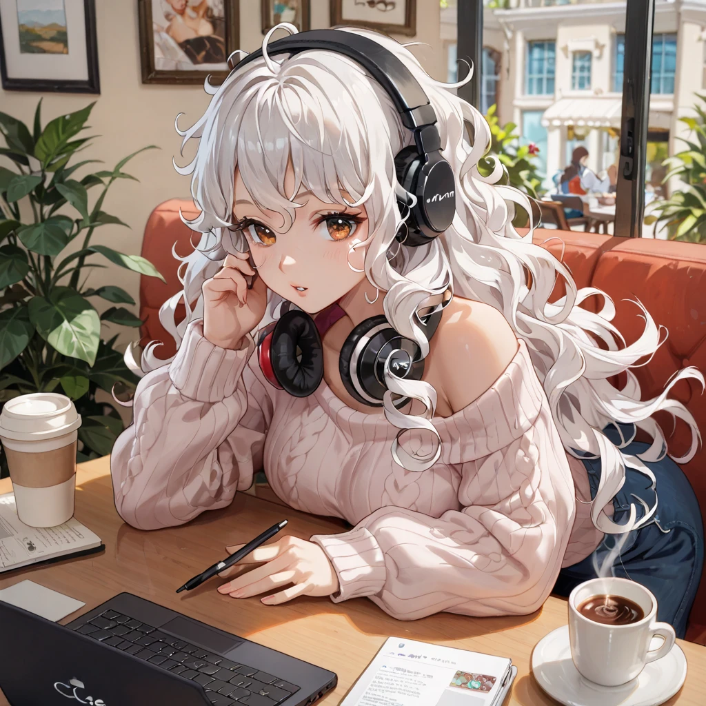 The most beautiful girl ever, Cafe、 headphones, white hair, Long Hair, High Resolution, High Resolution, High Details, brown eyes, messy curly hair, coffee, oversized sweater, laptop, Cafe, working on laptop, brown eyes, focused, Parted Lips, drinking coffee, art supplies on table, 